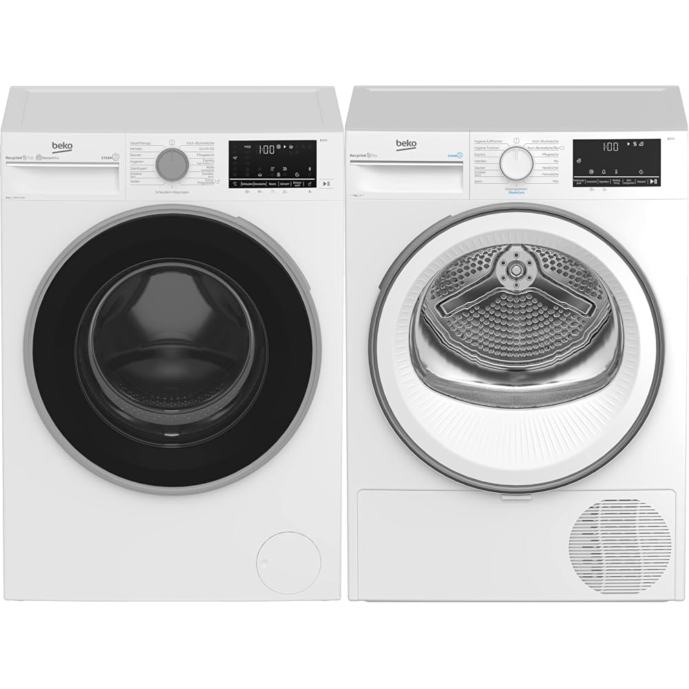 Beko B5WFU584135W b300 Waschvollautomat, Waschmaschine, 8 kg & B3T41239 Wäschetrockner 7KG, Frontlader Wärmepumpentrockner