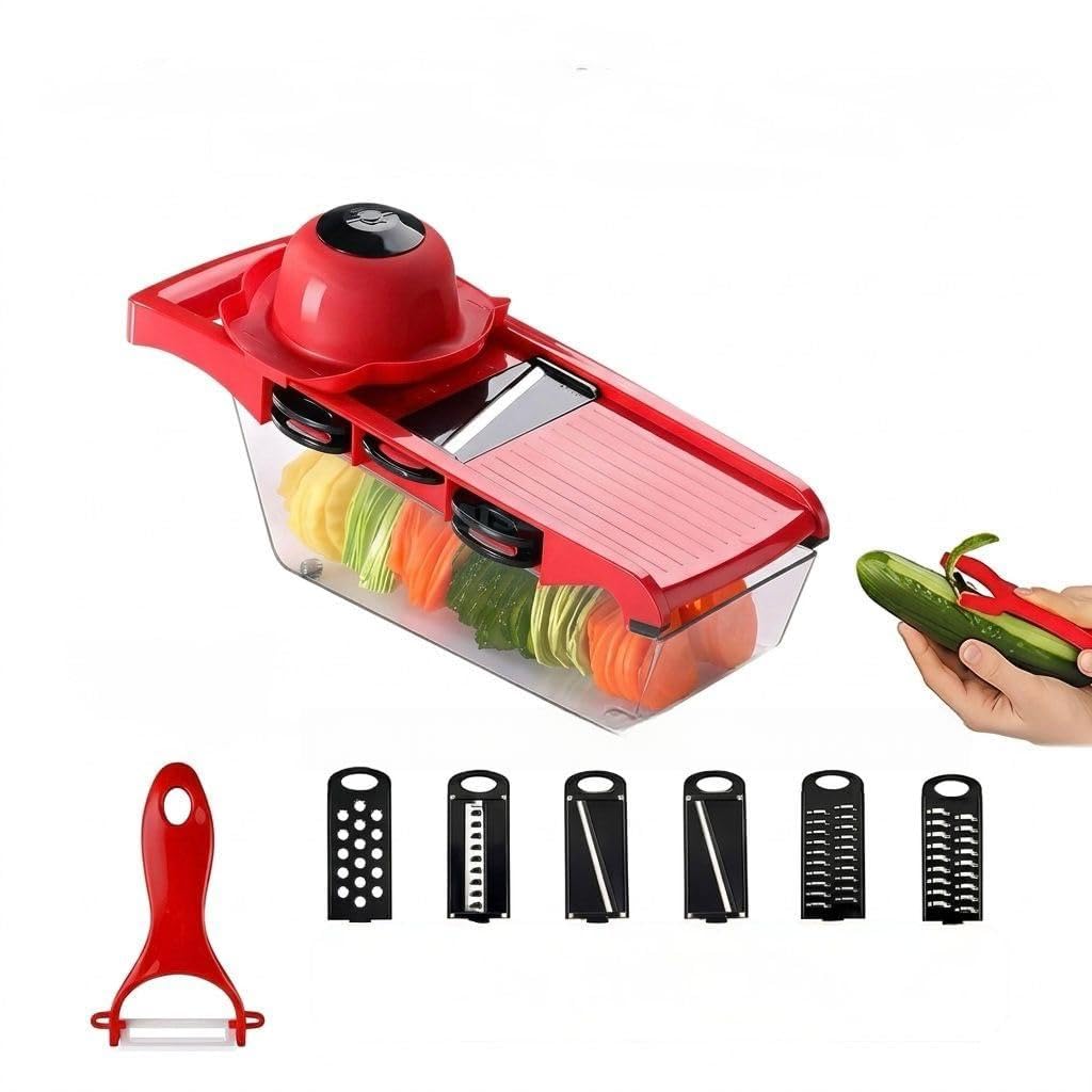 Cortador de legumes 6 em 1 com 6 Lâminas de Aço Inox, Descascador e Recipiente Coletor,