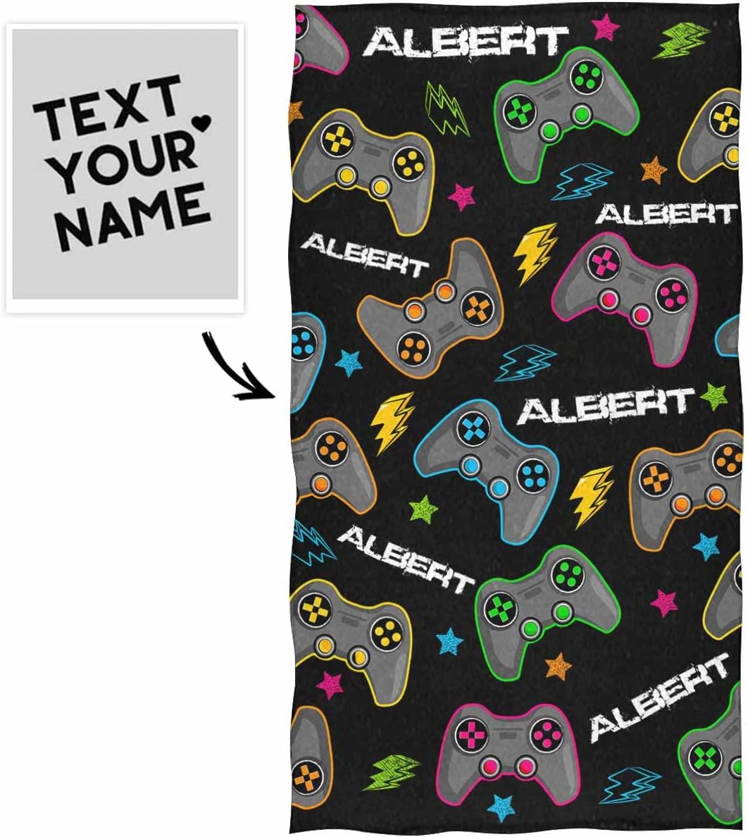 Personalized Gaming Beach Towels for Kids Adults, Custom Gamer Gifts with Name for Toddler Boys Girls, 31'' x 71'' Microfiber Absorbent Oversized Quick Dry Bath Towel for Summer Pool Travel Swim…
