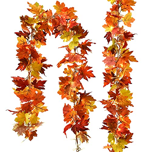 DearHouse 2 Pack Fall Maple Garland - 5.9Ft/Piece Hanging Vine With 2Pcs 7.5 Ft 20 Led String Light, Artificial Autumn Leaf Thanksgiving Decor for Home Wedding Fireplace Party