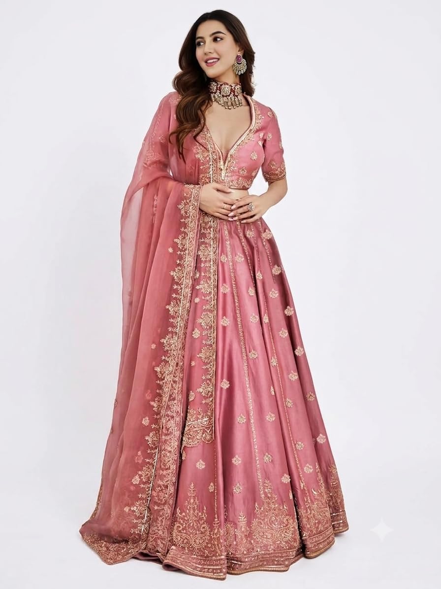 Women's Malai Satin Embroidered Sequence Lehenga Choli Set with Tebby Organza Dupatta | Semi-Stitched Free Size Festive Ethnic Wear Ghaghra Choli (Pink) | Elegant Embroidered Sequence-image-16