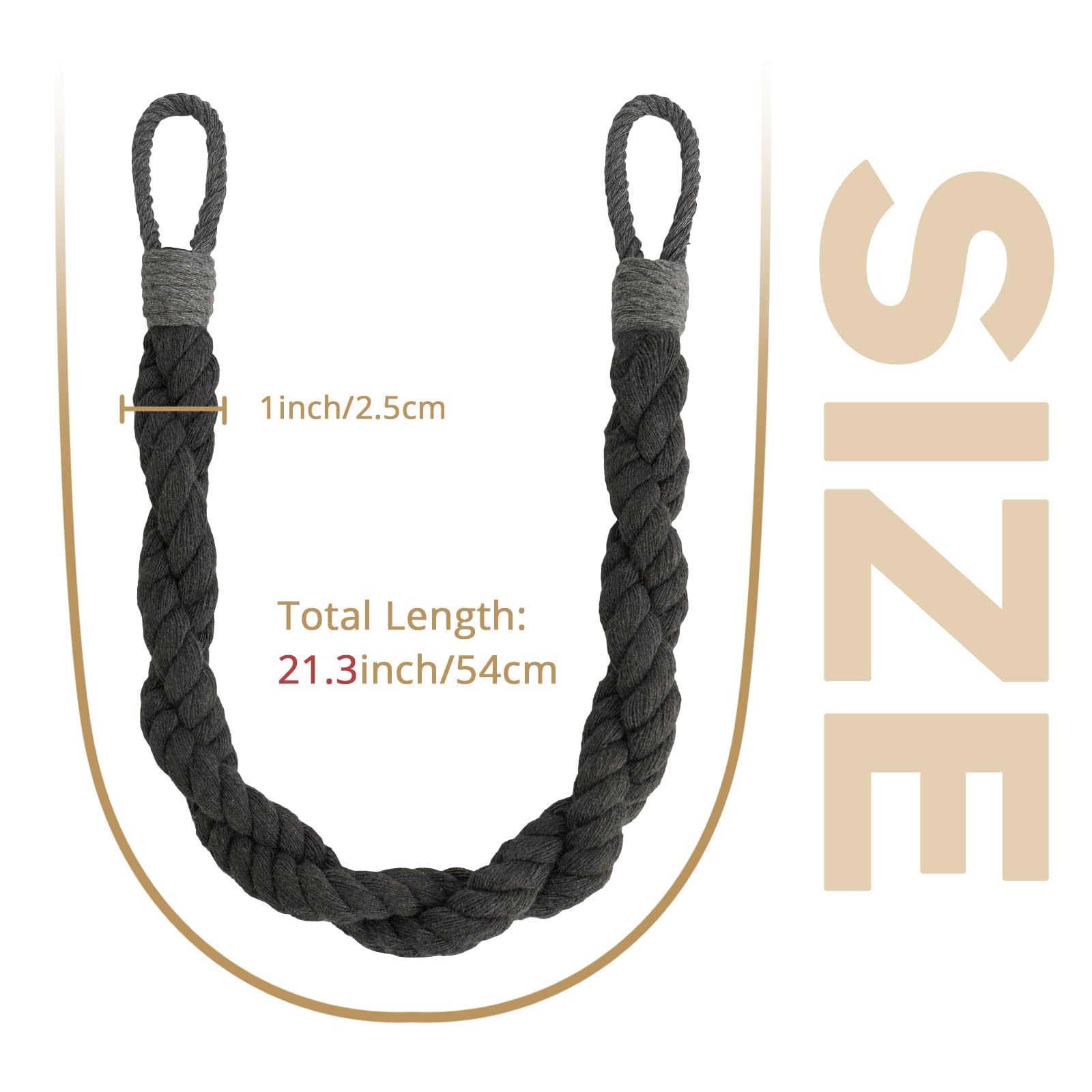 Pretty Jolly 2 Pack Natural Cotton Rope Curtain Tiebacks Elegant Boho Style Decor Drape Tie Backs Soft Hand-Woven Double Rope Curtain Holdbacks with Metal Hook for Home & Office Drapery (Dark Grey) - Image 3
