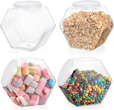 Hexagon Plastic Candy Jar Candy Container with Lid, Clear Food Storage Containers Reusable for Sugar, Herbs, Spices, Snacks, Set of 4 850ml