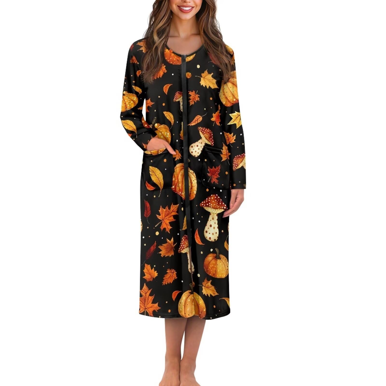 Batas para mujer, de manga larga, con cremallera, ropa de dormir, ropa de maternidad, con bolsillos