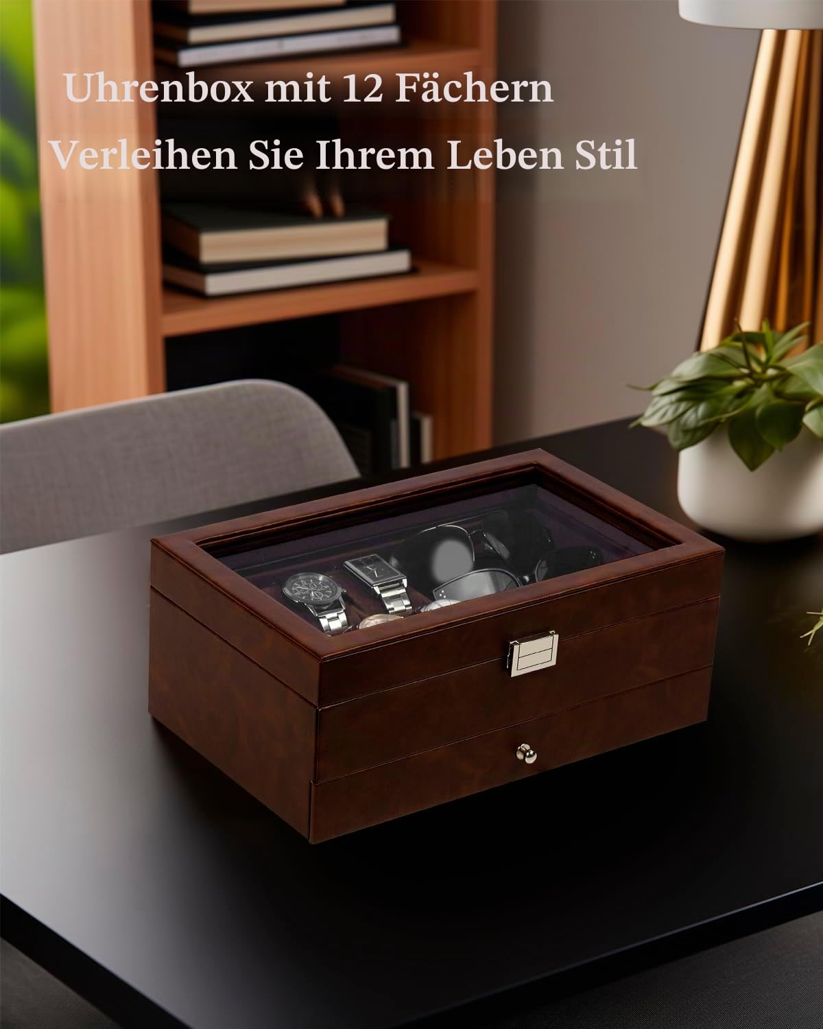 Uhrenbox, 6 Fächer, Uhrenetui, 3 Fächer, Brillen-Organizer, Herren-Schmuckschatulle mit transparentem Glasdeckel, doppellagig mit Schlüsselschloss, Geschenk, Braun