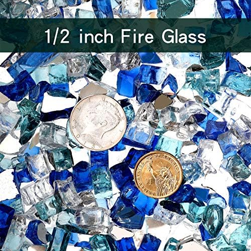 Onlyfire 10 Pounds Blended Reflective Fire Glass for Fire Pit Fireplace and Landscaping, 1/2 Inch Mixed Colored High Luster Fireglass Rocks for Outdoor and Indoor Use - Aqua Blue+Platinum+Cobalt Blue - 2