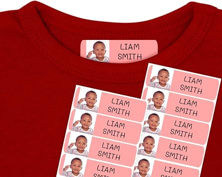 50 Personalized Clothing Labels with Photo or Image | Iron-on Vinyl Labels to Mark Any Garment. 6 x 2 cms. Basic Pink Color