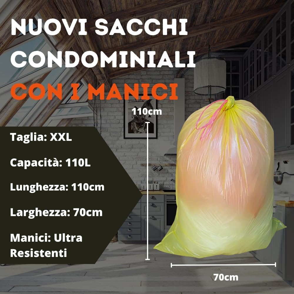 60 Sacchi Gialli Spazzatura 70x110 Resistenti, Sacchi Spazzatura XXL per Raccolta Rifiuti, Buste Spazzatura, Sacchi Immondizia Extra Resistenti, Sacchetti Spazzatura (60)