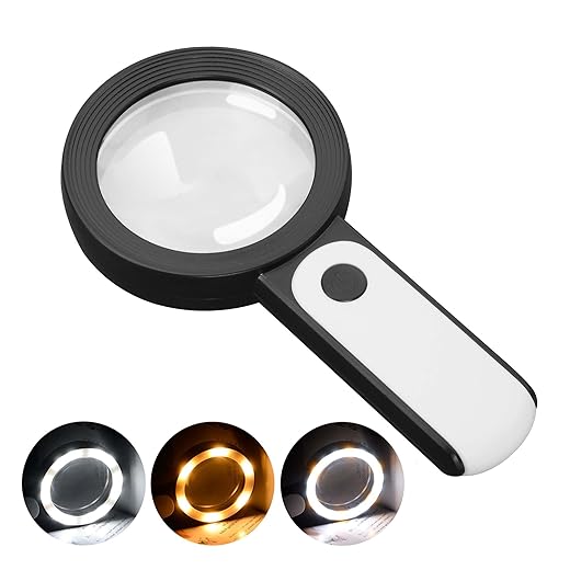 JMH Magnifying Glass with Light, 30X Handheld Large 18LED Cold and Warm Light with 3 Modes, Illuminated Magnifier for Seniors Reading, Inspection, Coins, Jewelry, Exploring
