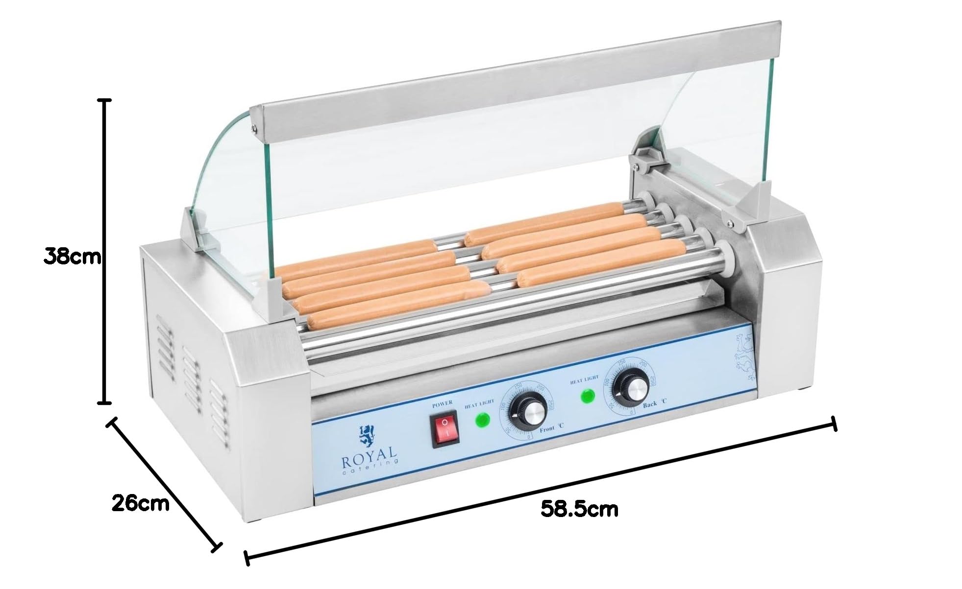 Royal Catering Hot Dog Grill Hot Dog Macchina Hot Dog Maker (5 rotoli, spazio per 8 salsicce, 1.000 W, 2 zone di riscaldamento, acciaio inossidabile) argento