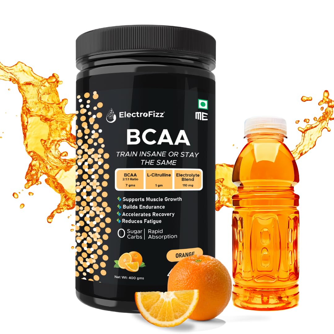 ElectroFizz BCAA 7Gms (2:1:1 formula) with Citrulline & Electrolyte Blend for Muscle Recovery & Endurance - Pre/Post Workout & Intra Workout - 400 gms (Orange)