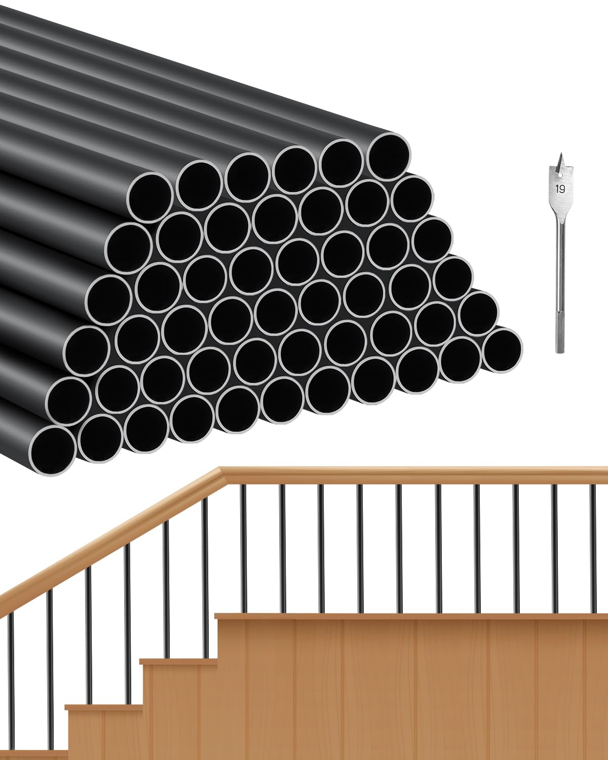 Deck Balusters 51 Pack, 36 in Aluminum Stair Balusters, 3/4 in Rainwater-Proof Round Metal Spindle Railing, Durable Hollow Deck Railing with #19 Drill Bit for Stairs, Porch, Patio, Black