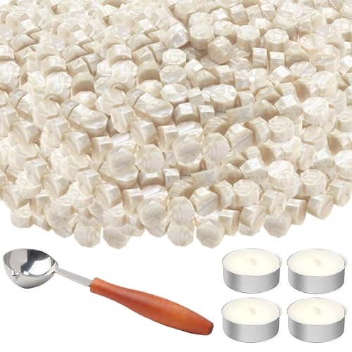 Cuentas de cera de sellado, 500 piezas de cuentas de sello de cera octágona, junto con 2 cucharas de sellado de cera y 4 velas (rojo granate)