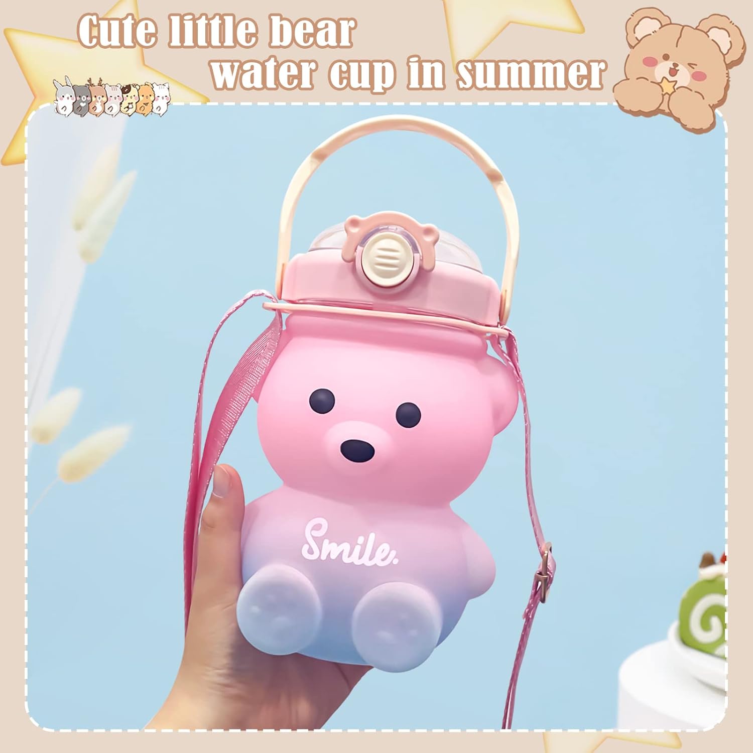 Cute Bear Water Bottle: 32oz Kawaii Kids Water Bottles with Strap and Straw - Leak-proof Plastic Drinking Cups for Girls Women School Sports Camping Picnic Hiking Travel (Pink-blue) - Image 3