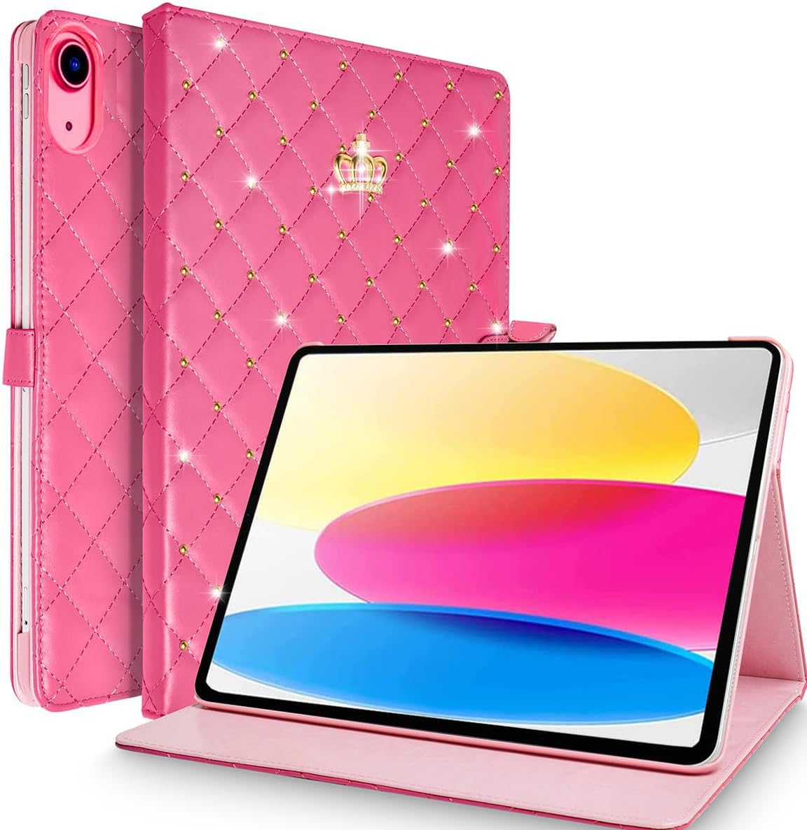 Changjia for iPad (A16) 11th Generation 11 Inch 2025/iPad 10th Generation 10.9" 2022 Case,Girly Crown Rhinestone Cute Elegant PU Leather Auto Sleep/Wake Stand Shockproof Case for iPad 10/11th,Rose Red