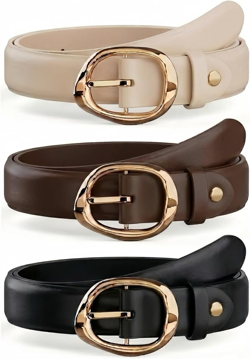 Women's Leather Belt 3 Pack, 1.1" 12-Hole with Gold Buckle