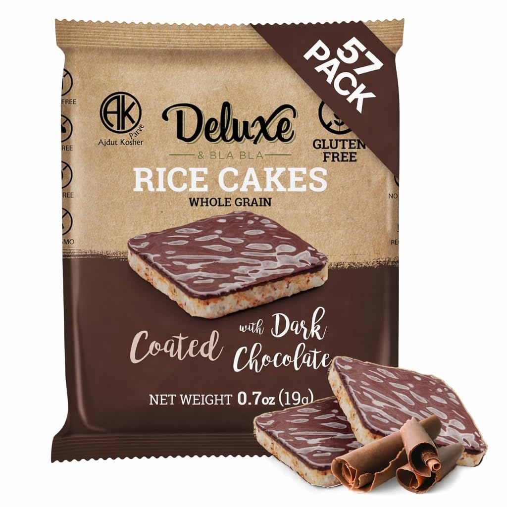 Deluxe & Bla Bla Chocolate Covered Rice Cakes 57 Pack – Whole Grain, Gluten-Free, Kosher, Low-Calorie Snack – Coated with Dark Chocolate – Healthy & Crunchy Treat – Individually Wrapped, (19g Each)