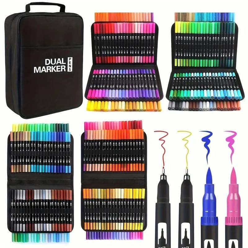 Image of PROTON 100 Color Dual Tip Brush Pens Set with Carrying Case - Water-Based Marker Pens with Fine & Brush Tips - Non-Toxic Art Markers for Drawing, Coloring, Calligraphy, Bullet Journaling (1)