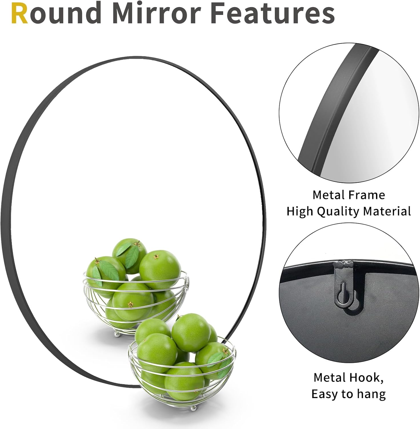Round Mirror, 48''Black Metal Frame Wall Mirrors for Bathroom,Entryway