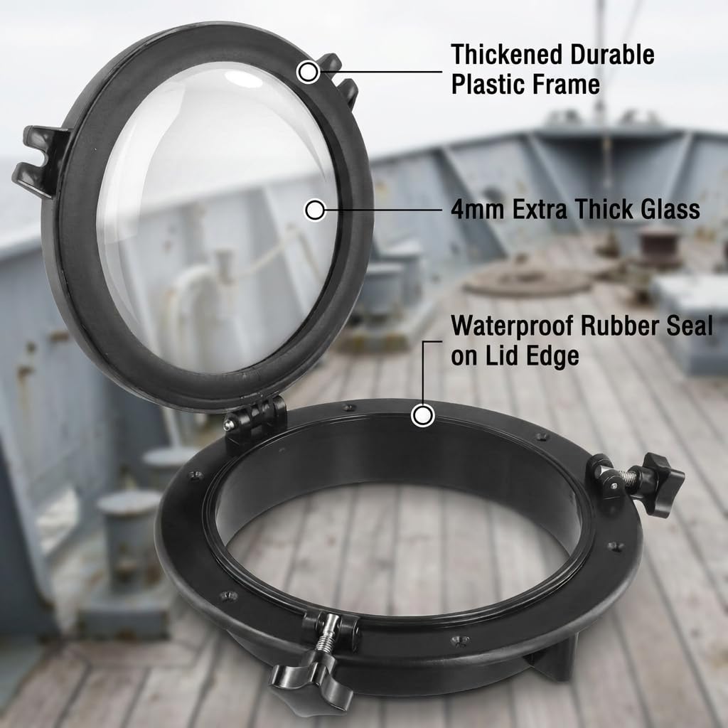 QWORK® Marine Bullauge Fenster, Bullauge Rund 26.5CM, Schwarz Portlight, für Boote, Yachten, Wohnmobile