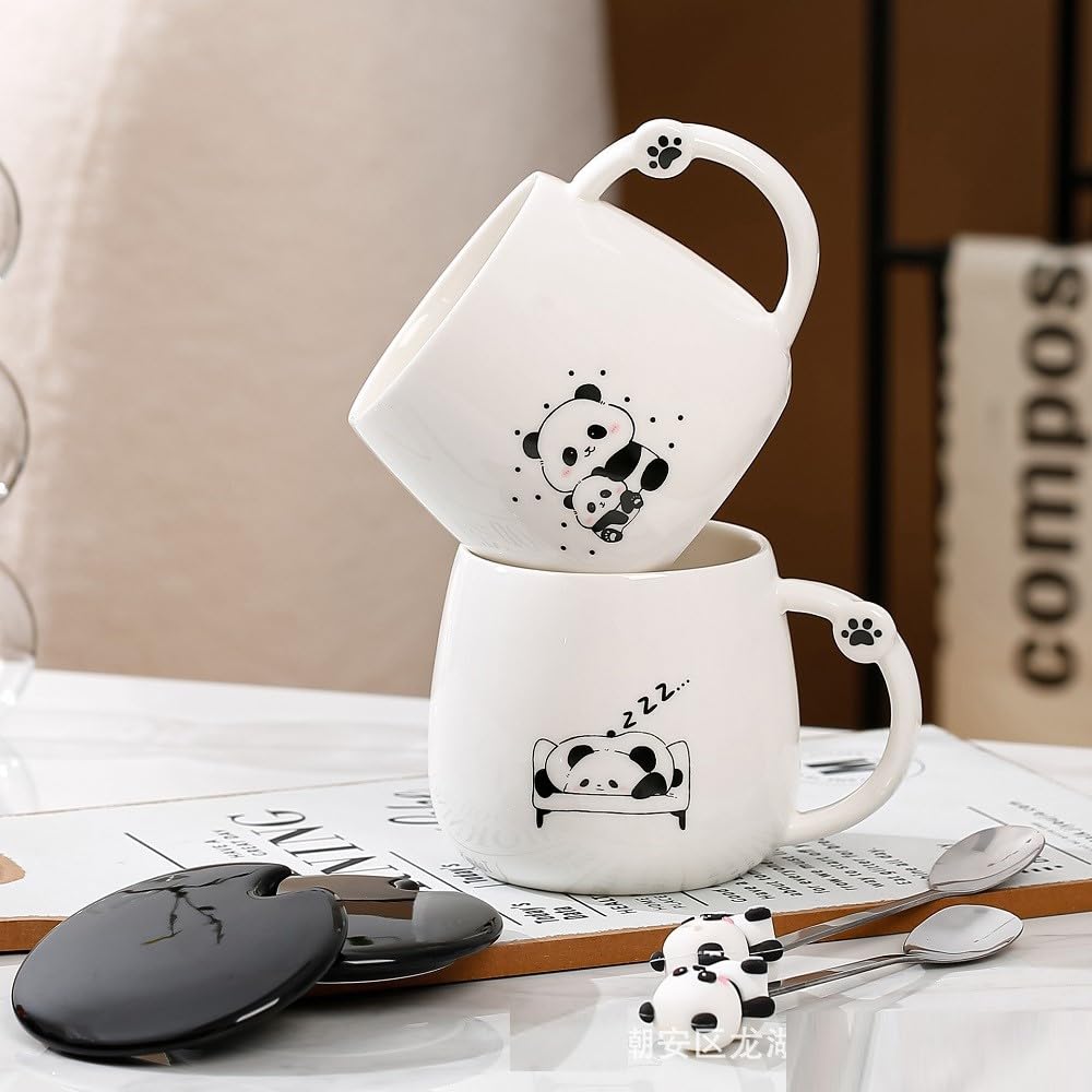 Huiyiwert Panda Kaffeetasse Mit Deckel & Löffel – 400 Ml, 3D-Relief, Aus Porzellan, Spülmaschinenfest (Grün)