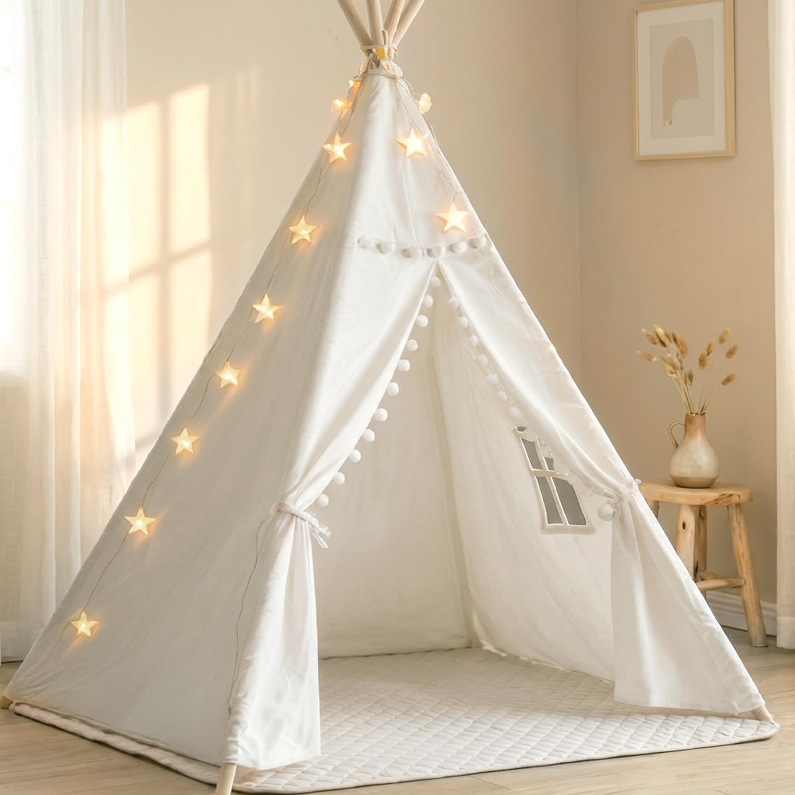 Photo 1 of Little Dove Teepee Tent for Kids with Star Lights, Mat & Carry Bag, Premium Cotton Canvas Kids Play Tent with Wooden Poles, Easy Assembly, Foldable Indoor Outdoor Playhouse, Gift for Boys Girls