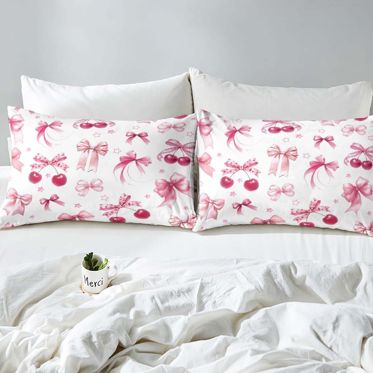 Manfei Pink Bow Duvet Cover Set Toddler Size, Cute Bow Cherry Bedding Set 2pcs, Fashion Bowknot Comforter Cover, Kids Girls Princess Room Decor, Lightweight Bedspread Cover, 1 Pillowcase, No Comforter