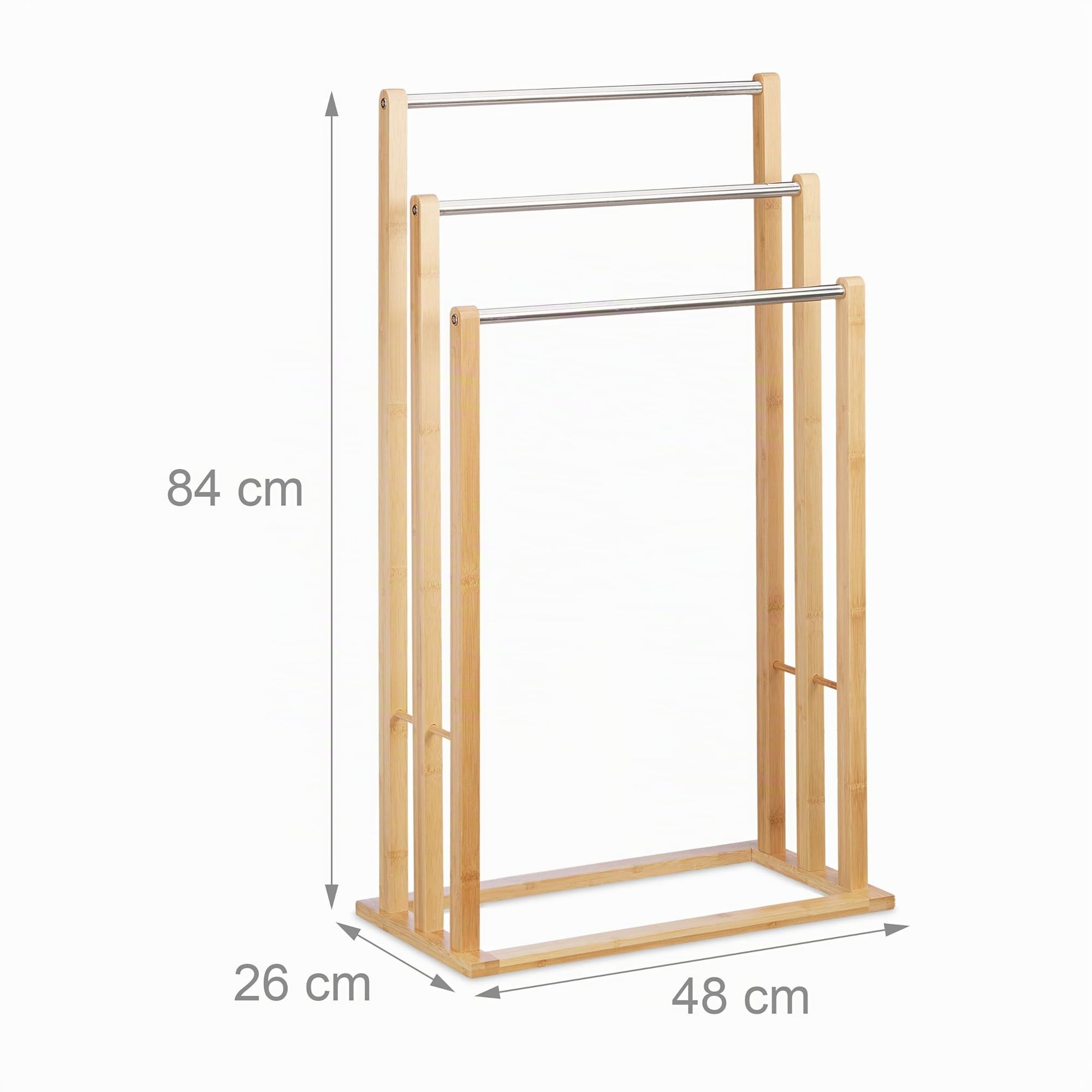 Relaxdays 10020983 Porte-serviettes sur pied 3 bras salle de bain bambou support valet serviteur HxlxP: 84 x 48 x 26 cm, nature