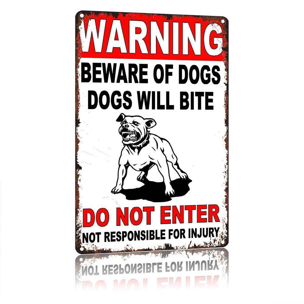 peiyeety WARNING Beware of Dog Vintage Aluminum Metal Sign 12 X 8 Inch, Dogs Will Bite DoEnter Wall Decorative Tin Sign for Outdoor Fence Yard Garden Home Entrance Security Reminder Decoration