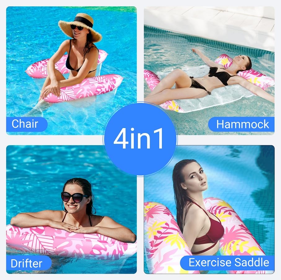 Set di 2 amache 4 in 1 con rete e amaca gonfiabile per piscina – Amaca per piscina & amaca ad acqua, lettino da nuoto e poltrona lounge per adulti e bambini, foglia d'acero blu e magenta