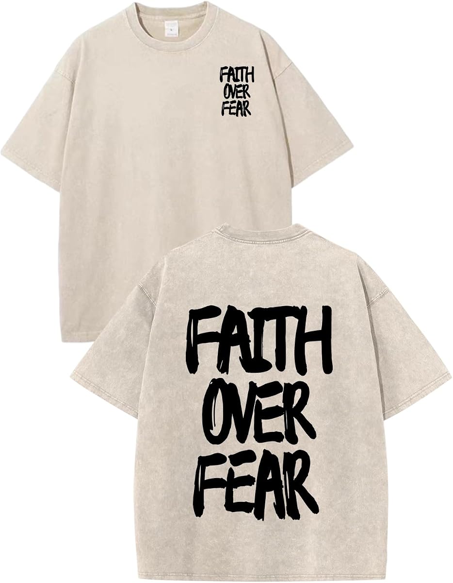 Boys Christian Faith Over Fear Shirt Jesus T Shirts for Kids Religious Oversized Graphic Tees Acid Wash Tshirt Tops
