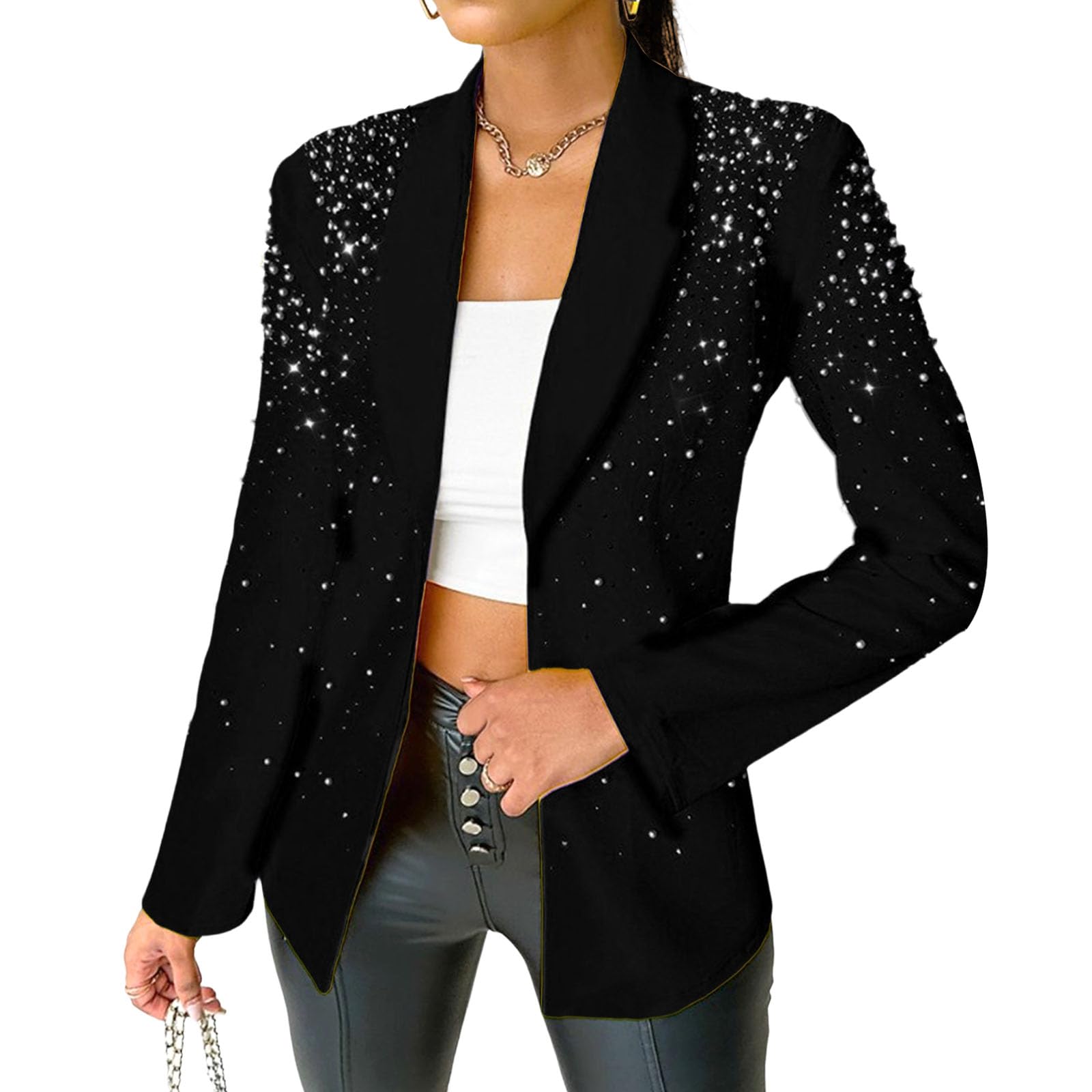 Womens Blazers for Work Casual Casual Rhinestone Decor Long Sleeve Blazers Open Front Sparkle Jacket Glitter Coat for