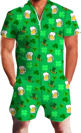 uideazone Men Romper 3D Printed Zipper Jumpsuit Short Sleeve One Piece Casual Overalls Bro Outfits