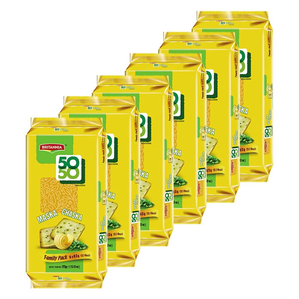 Britannia Crackers 50 50 Maska Chaska Biscuit 13.12oz (372g) - Dipped in Butter and Peppered - Delicious, Light & Crispy Cookies (Pack of 6)