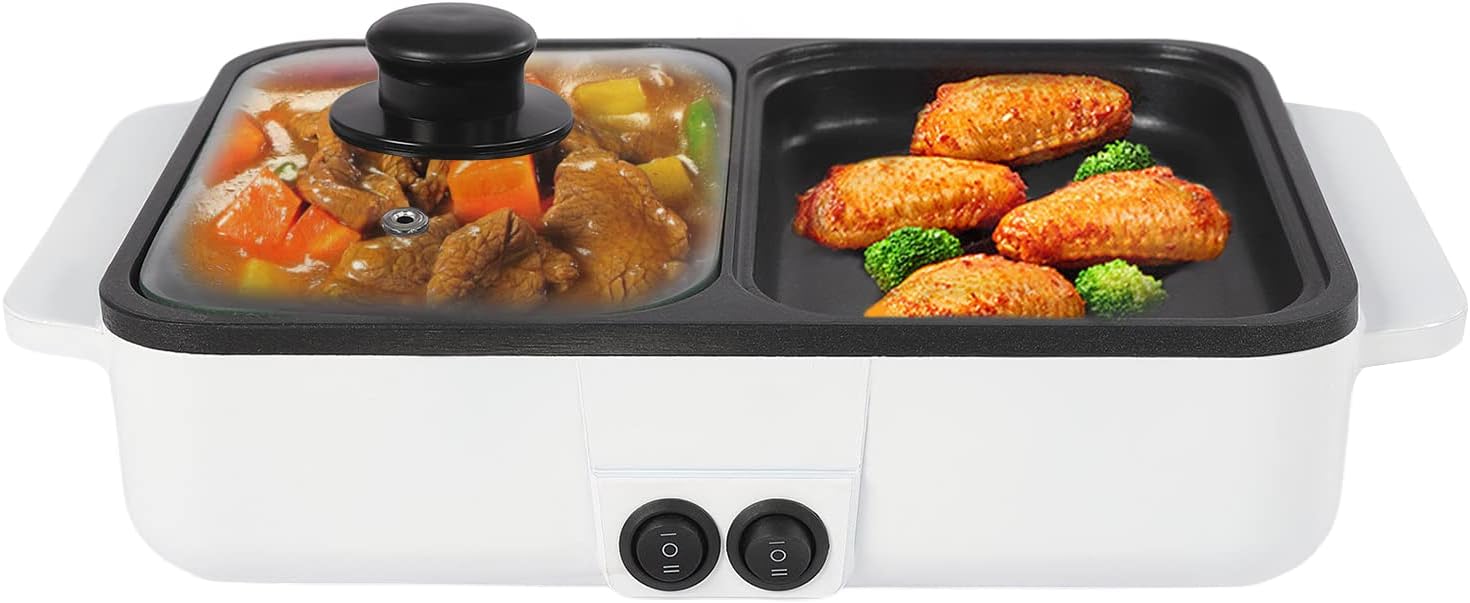 Hot Pot Electric with Grill, 2 in 1 Indoor Non-Stick Hot Pot with Frying Pan for Steaks, Shabu Shabu, Noodles, Simmer and Fry, Korean BBQ Grill, Independent Dual Temperature Control