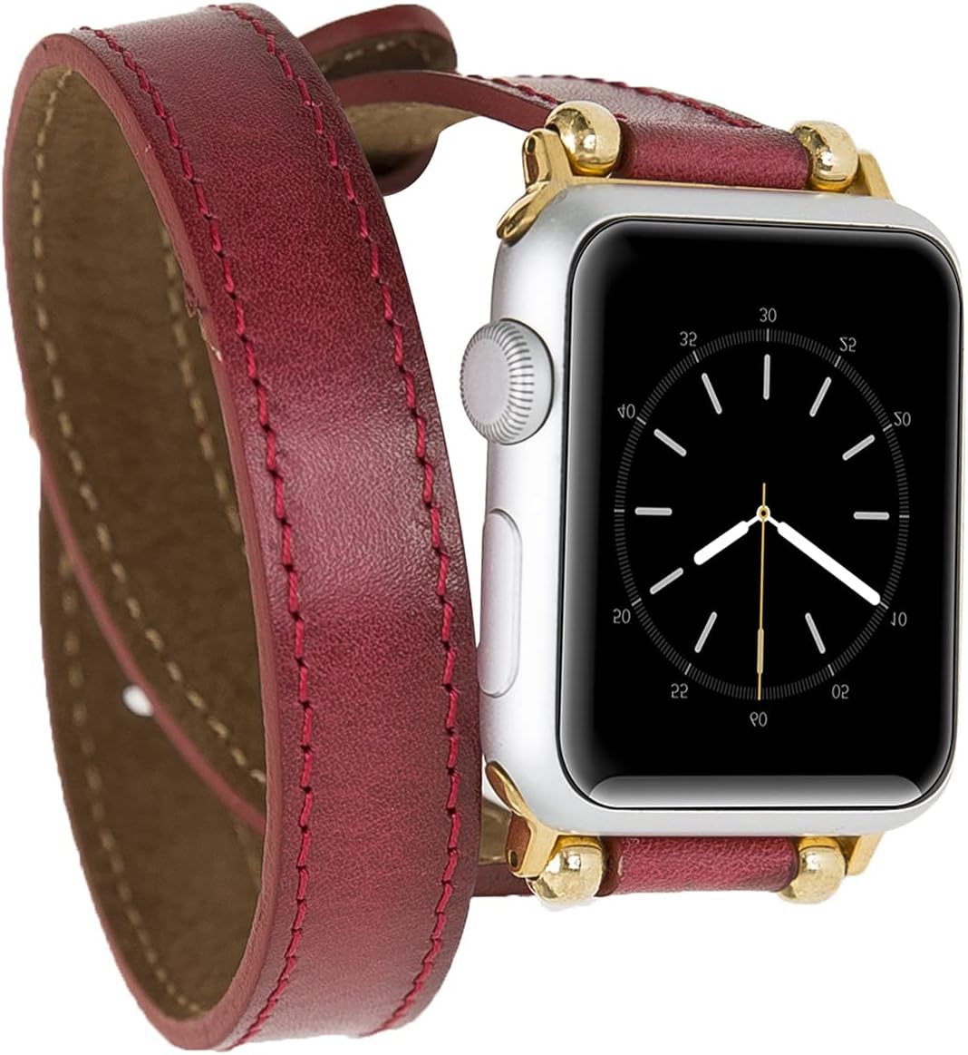 Currant Red Compatible with Apple Watch Band Slim 45mm, 44mm, 41mm, 40mm, for Women Ultra slim Double Tour Genuine Leather Engraving Available, Handmade