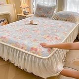 Spannbettlaken mit Blumenprint & Rüschen-Dentelle – Elastische Hülle für Matratzen bis 25 cm – Atmungsaktiv, 2-in-1 als Bettauflage und Betthimmel – Queen/King(Blue,120 * 200cm)