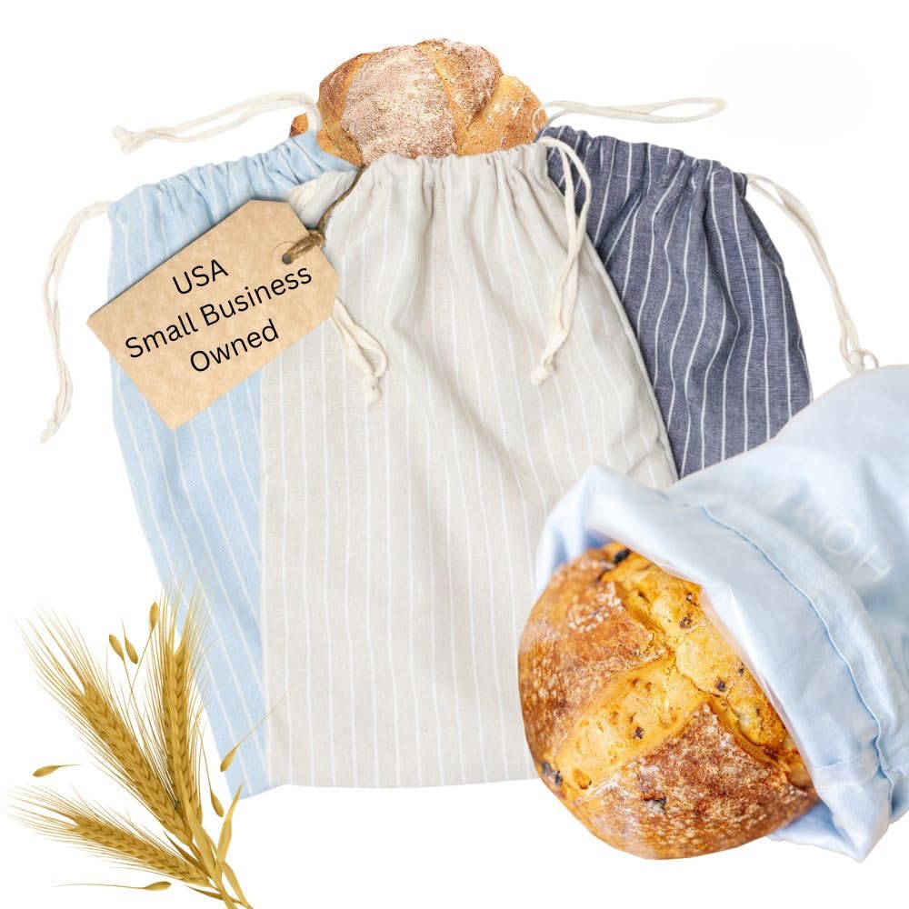 Bolsas de pan reutilizables con cordón – Paquete XL de 3 – Bolsa de pan de lino orgánico lavable, bolsas de almacenamiento de pan de masa madre, bolsas de pan de tela reutilizables, bolsa de pan para