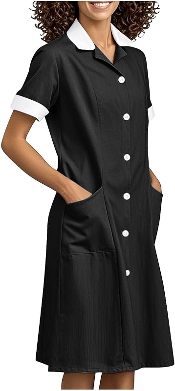 2026 vestido de uniforme de sirvienta de limpieza para mujer, vestidos con botones hacia abajo, ropa de trabajo, vestidos sueltos de manga corta con bolsillo