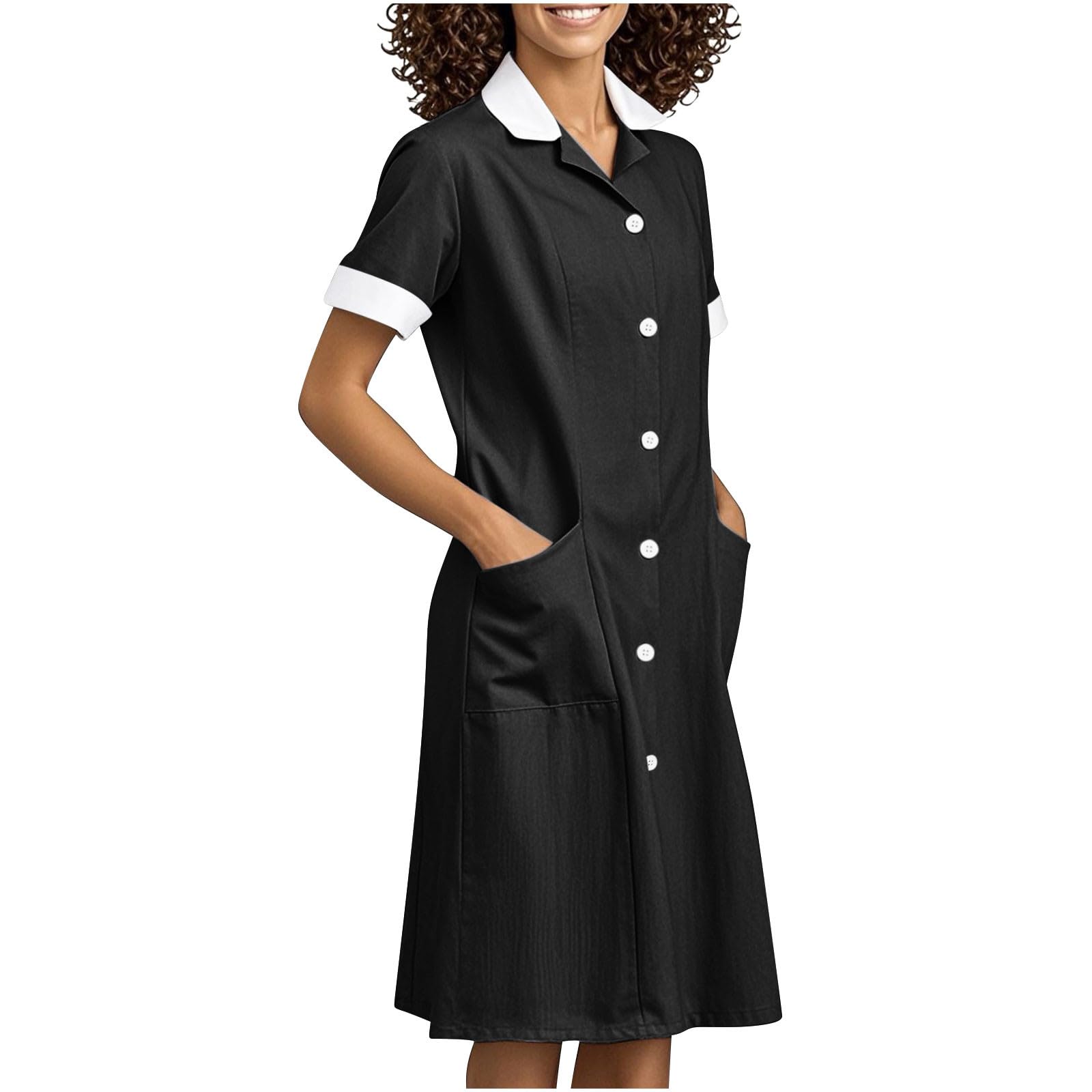 2025 Nurse Uniforms Scrubs Dress Nursing Dress Women Working Knee Length V Neck Casual Short Sleeve Dresses Pocket