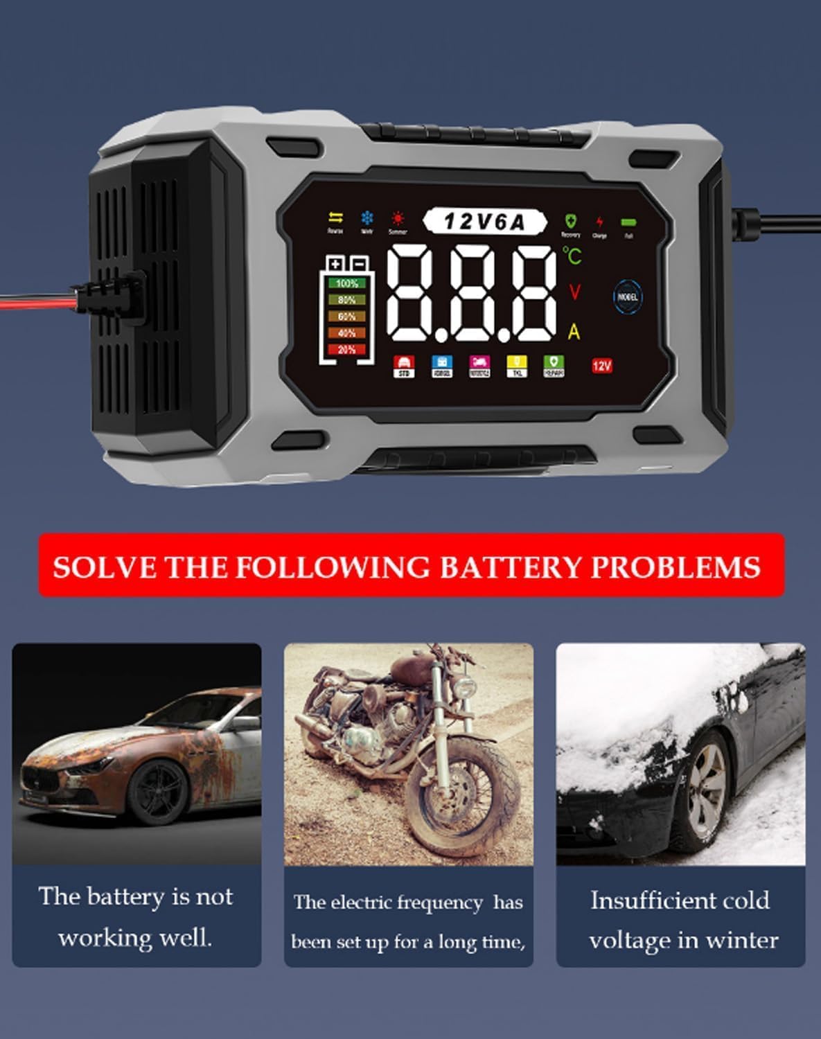 12V Smart Battery Charger, 6A Fully Automatic Trickle Charger Maintainer with LCD Display, Intelligent Pulse Repair Desulfator for Car, Motorcycle, Marine, Lawn Mower, Lead-Acid (Yellow)