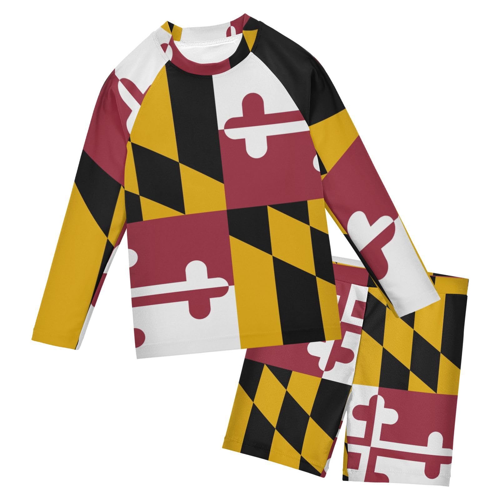 Aflyko Patriot Boys' Rash Guard Set Maryland Flag Crewneck Swim Shirt with Jammer Stretchy Beach Shorts Comfortable Fit Summer Daily Wear, 7-8T Multicoloured