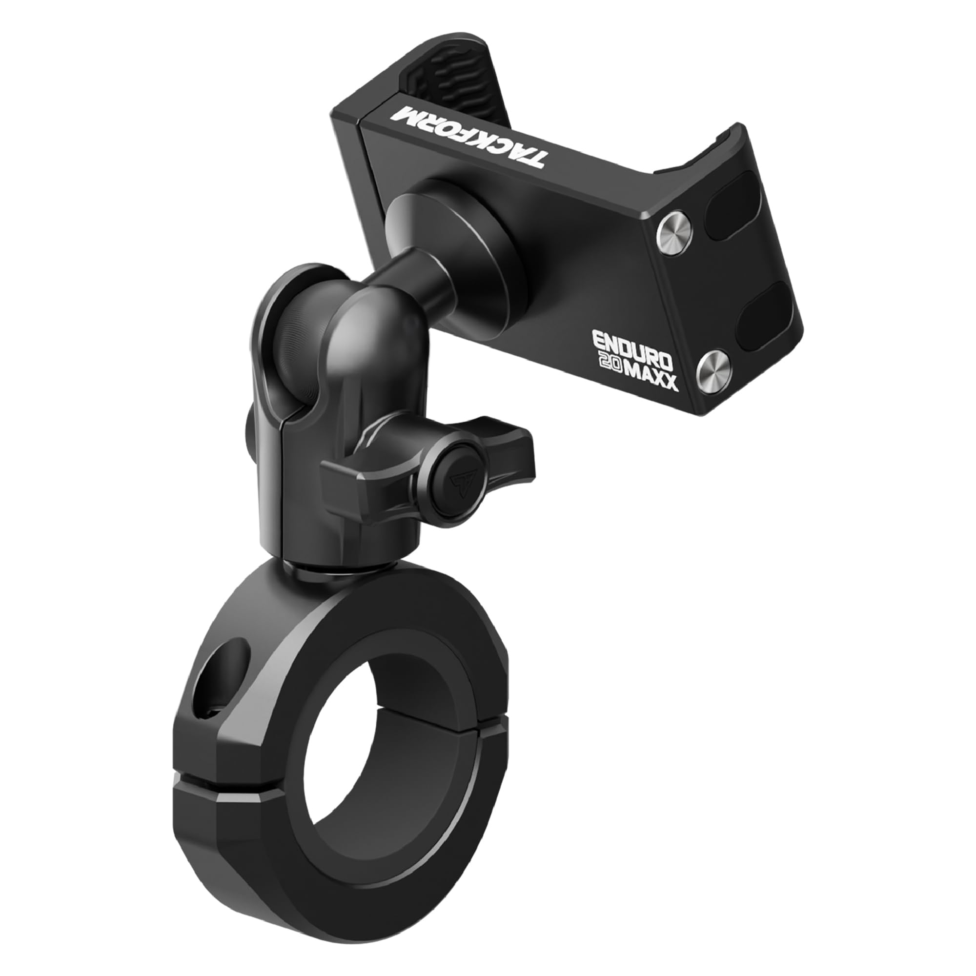 Tackform Black Motorcycle All Metal Phone Mount - 20MAXX Spring Cradle | Universal Clamp Fits 1-1/4" to 1-1/2" Handlebars | Aluminum | Compatible with iPhones, Galaxy Devices, More | Short Reach Arm