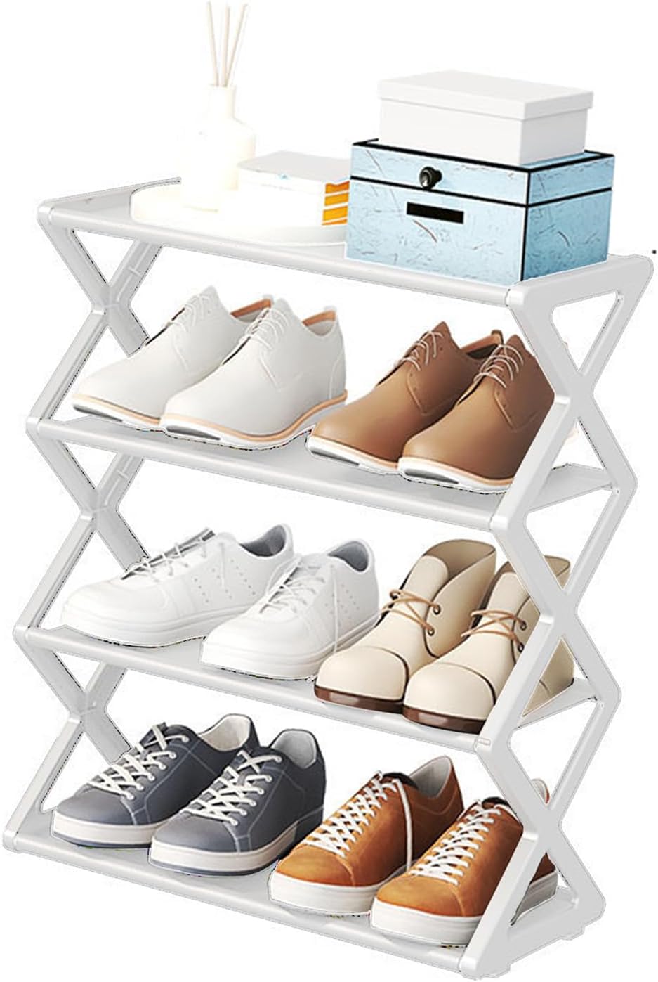 4-poziomowy Składany Stojak na Buty, Oszczędzający Miejsce Stojący Organizer na Buty Półka na Buty Uchwyt na szafę Korytarz do Sypialni Małe Przestrzenie (White)