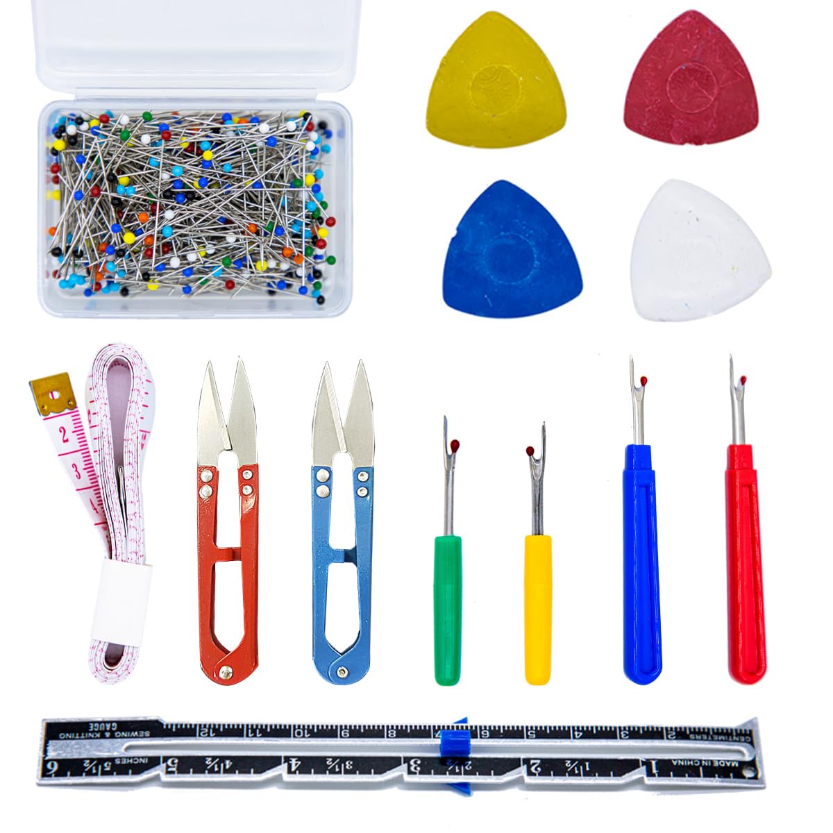 Tutuxio Kit de herramientas de costura de 518 piezas, 10 tizas profesionales de sastre, 1 calibre deslizante, 4 destripadores de c