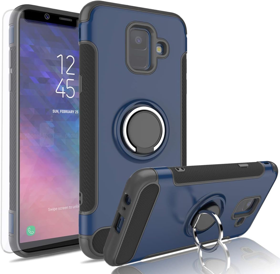 AYMECL Galaxy A6 2018 Case with HD Screen Protector,Rotating Ring Holder Dual Layer Shock Carbon Fiber Trim Cover for Samsung Galaxy A6 2018-QV Blue