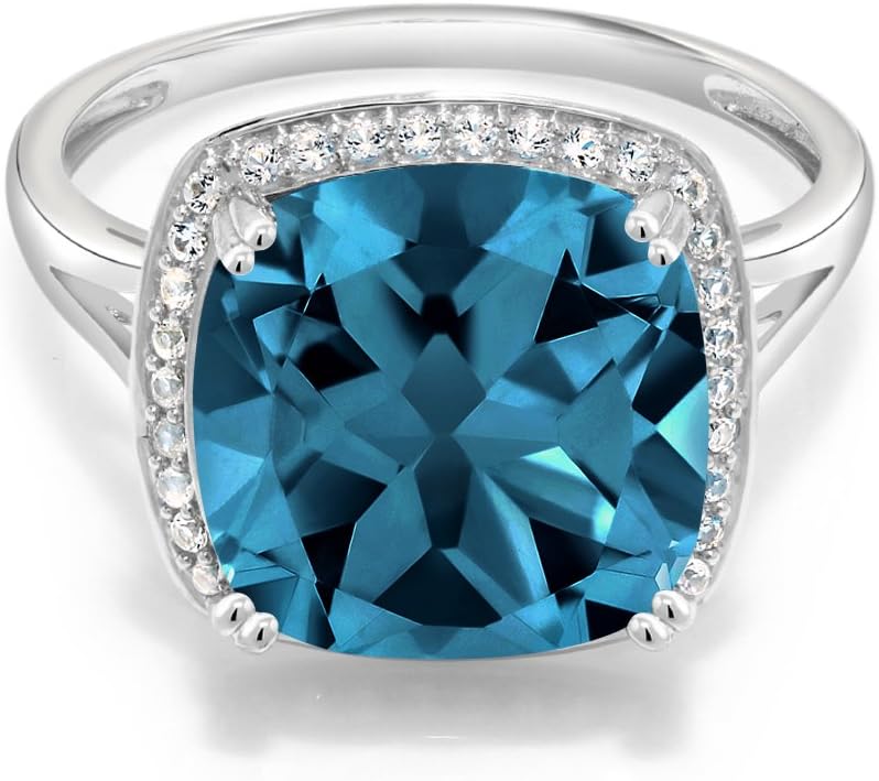 Gem Stone King 10K White Gold Gemstone Birthstone and White Created Sapphire Ring For Women | Cushion 12MM | Wedding Anniversary Promise Ring For Women | Available In Size 5, 6, 7, 8, 8