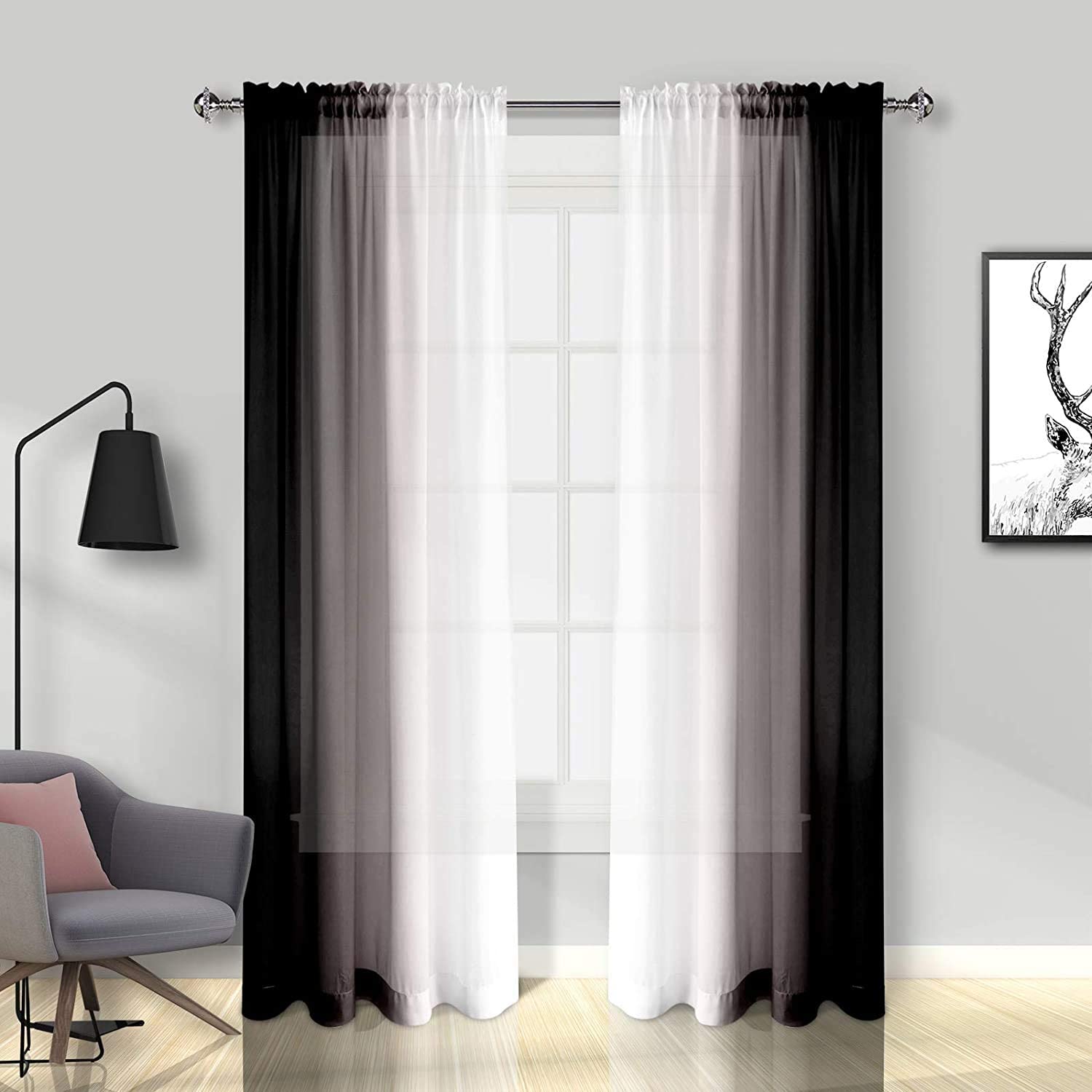 Melodieux Cortinas traslúcidas Negras degradadas con Bolsillo para Barra, 56 x 96 Pulgadas, 2 Paneles