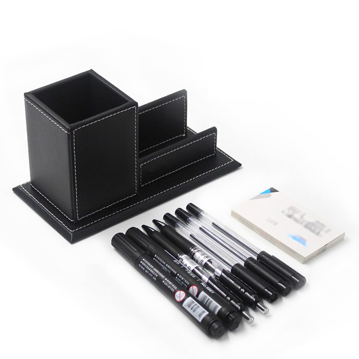 Portalápices de Cuero Sintético Negro Multifuncional Organizador de Escritorio y Soporte para Tarjetas de Negocios Expositor Compacto para Oficina y Materiales de Papelería