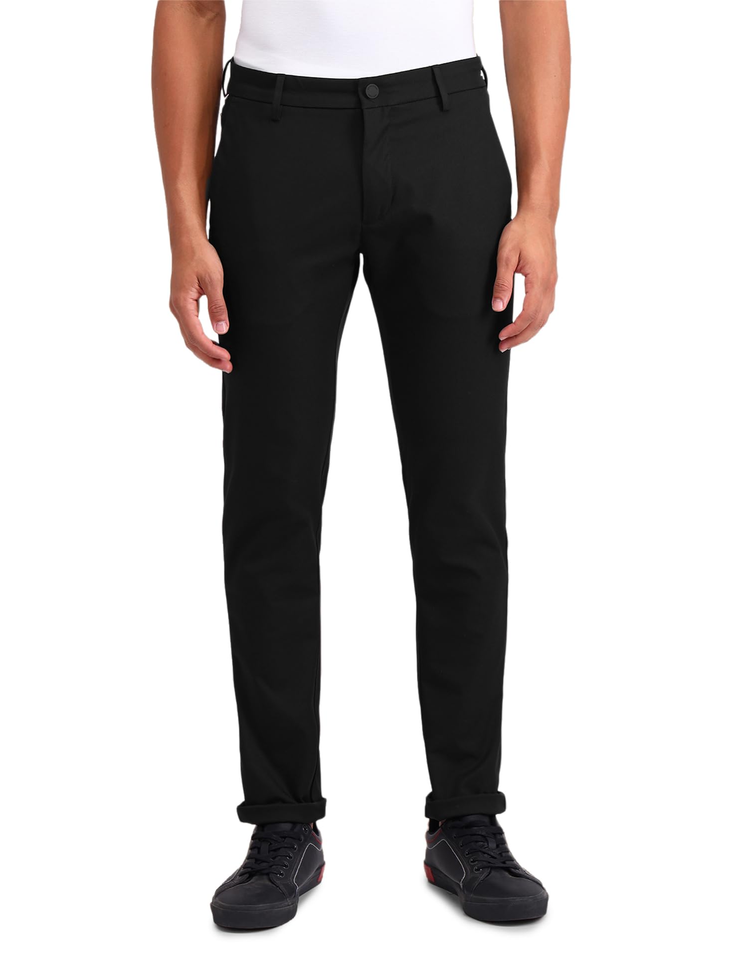 men's black solid mid rise polyester button slim fit flat front slant pocket trousers